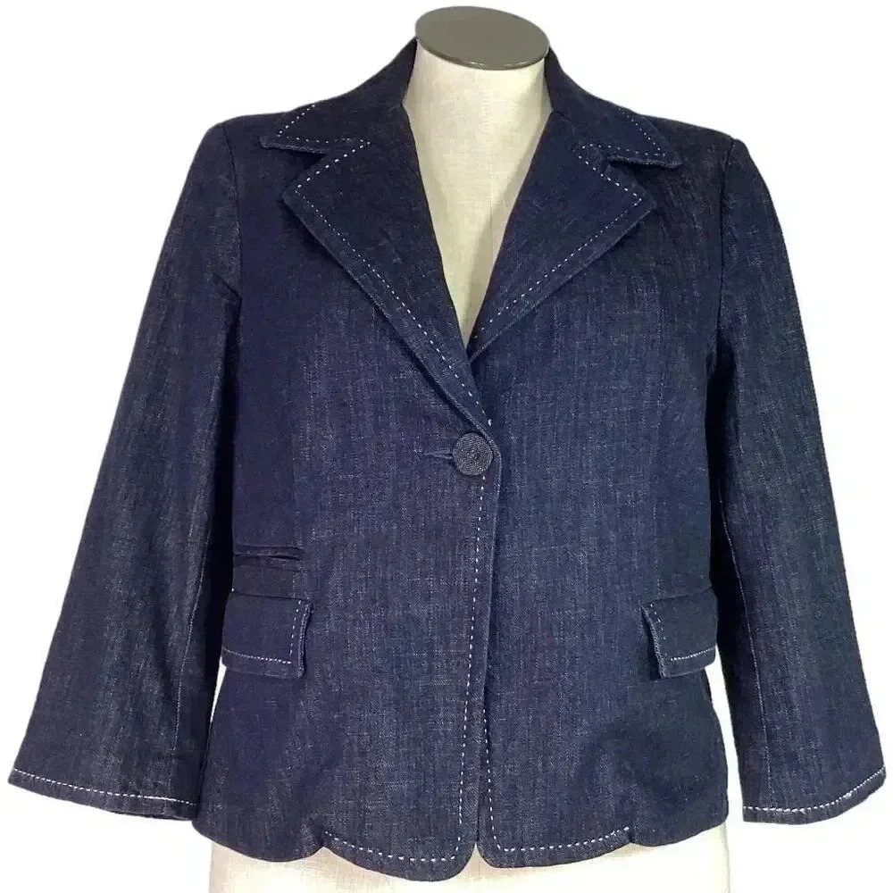 Talbots Denim Blazer Jacket Womens 14 Blue Dark Wash Stretch Pockets 3/4 Sleeve